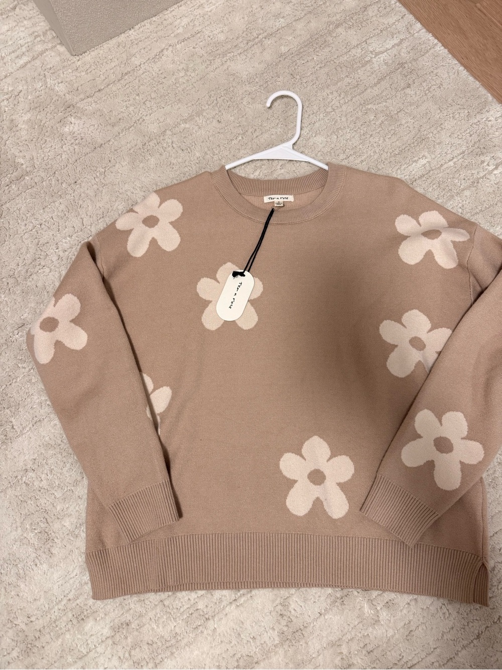 tea n rose Beige Crewneck Sweater with Cream Floral Pattern